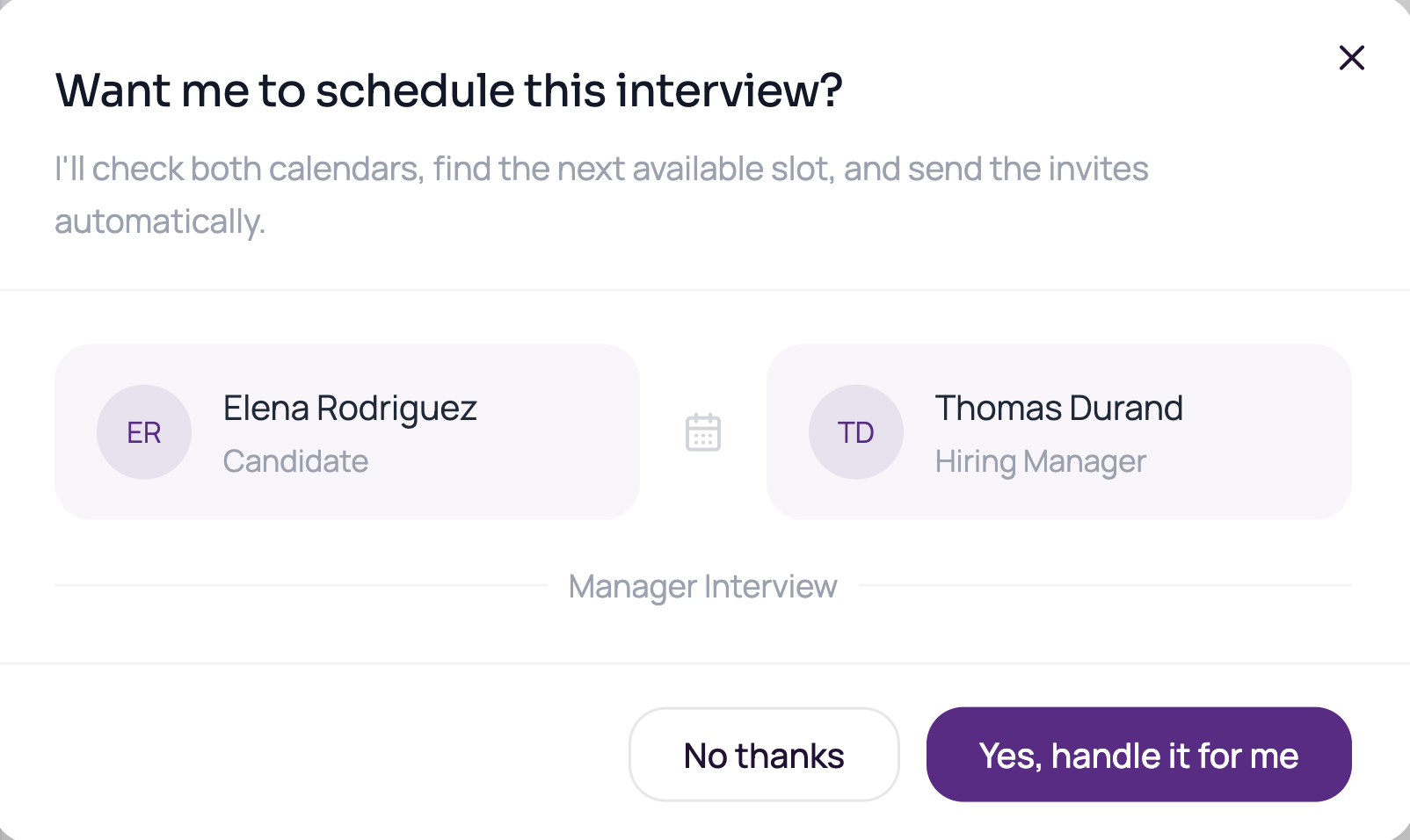Calendar interface with proposed time slots and automated confirmations