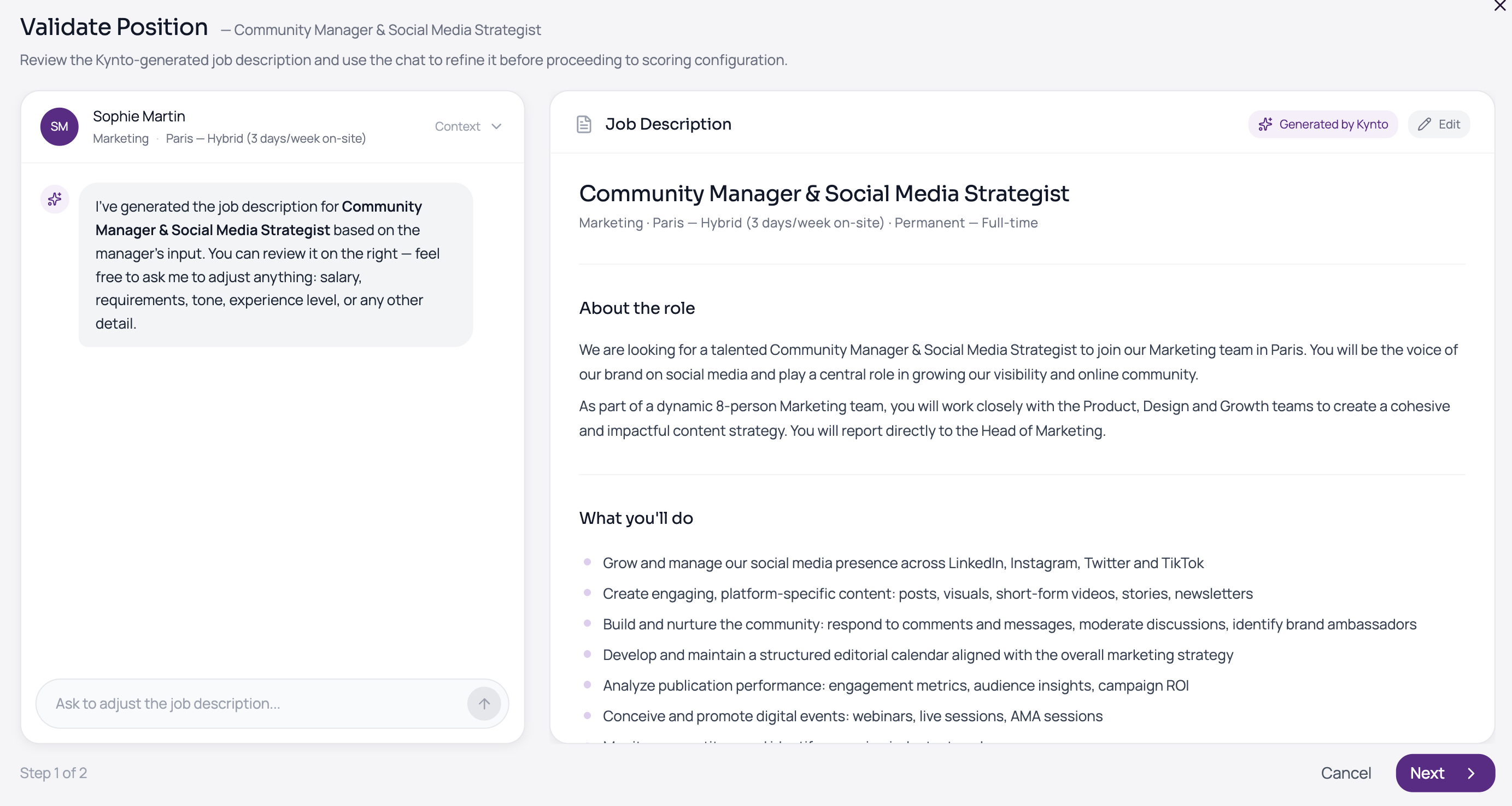 Kynto generating a job post from a conversation